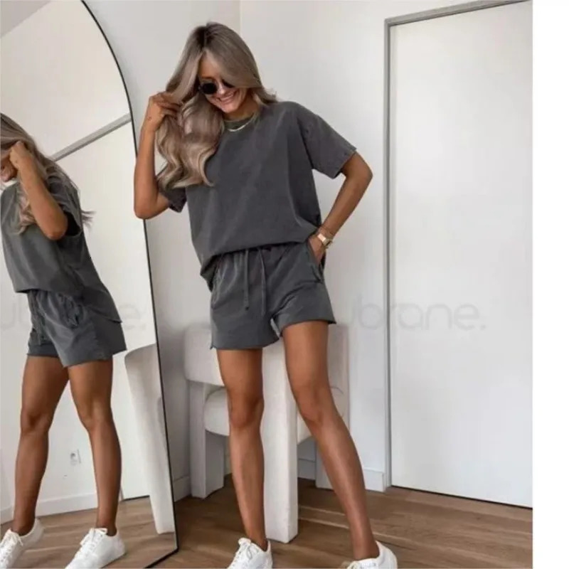 Simple Basic Shorts Set Solid color Casual Comfortable Loose Temperament Daily Versatile Two-piece Set for Women Summer 260612
