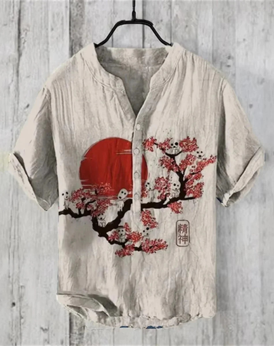 Henry shirt summer mens casual short-sleeved T-shirt floral print top linen blend comfortable fabric XS-6XL size 260612