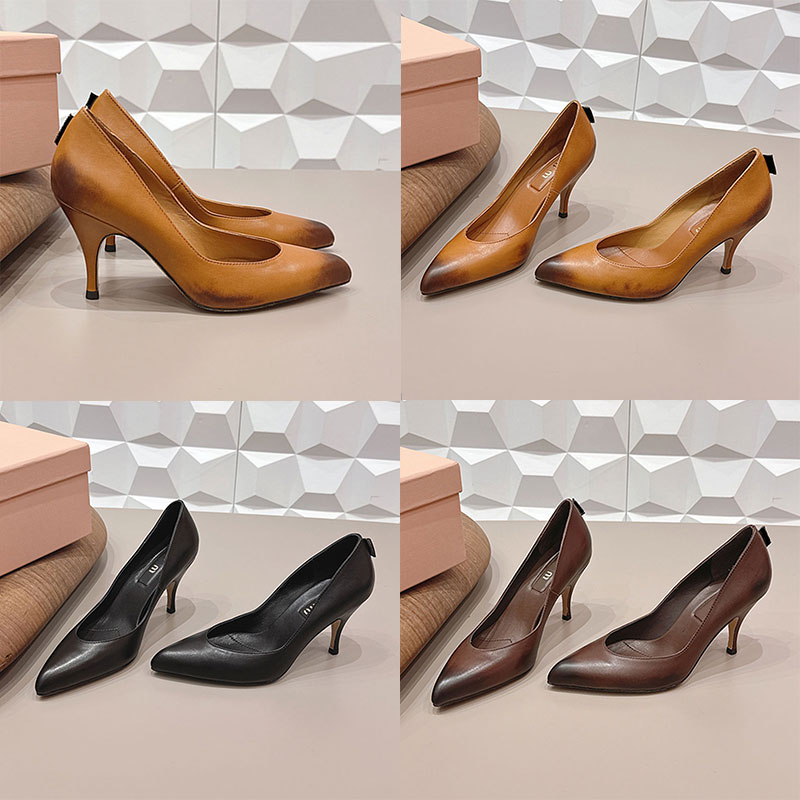 Womens Leather pumps 5I546E Vintage Burnished Calf leather Pointed Toe Pumps Designer Elegant Retro Brown Stiletto Heels Leather Sole Size 35 42