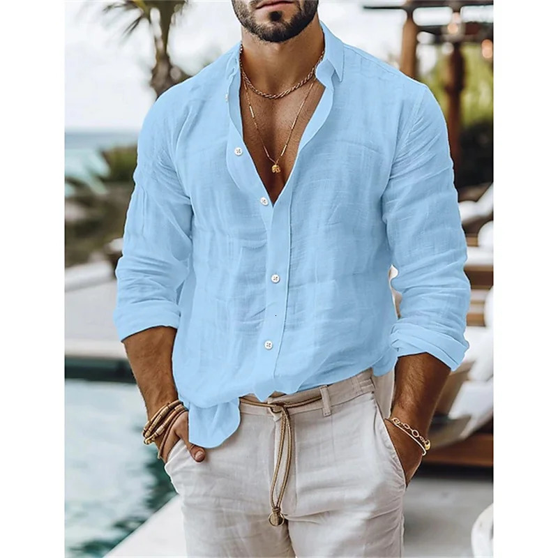 Mens linen shirt summer shirt cotton-linen blend button shirt solid color vacation casual shirt blue white black pink 260611