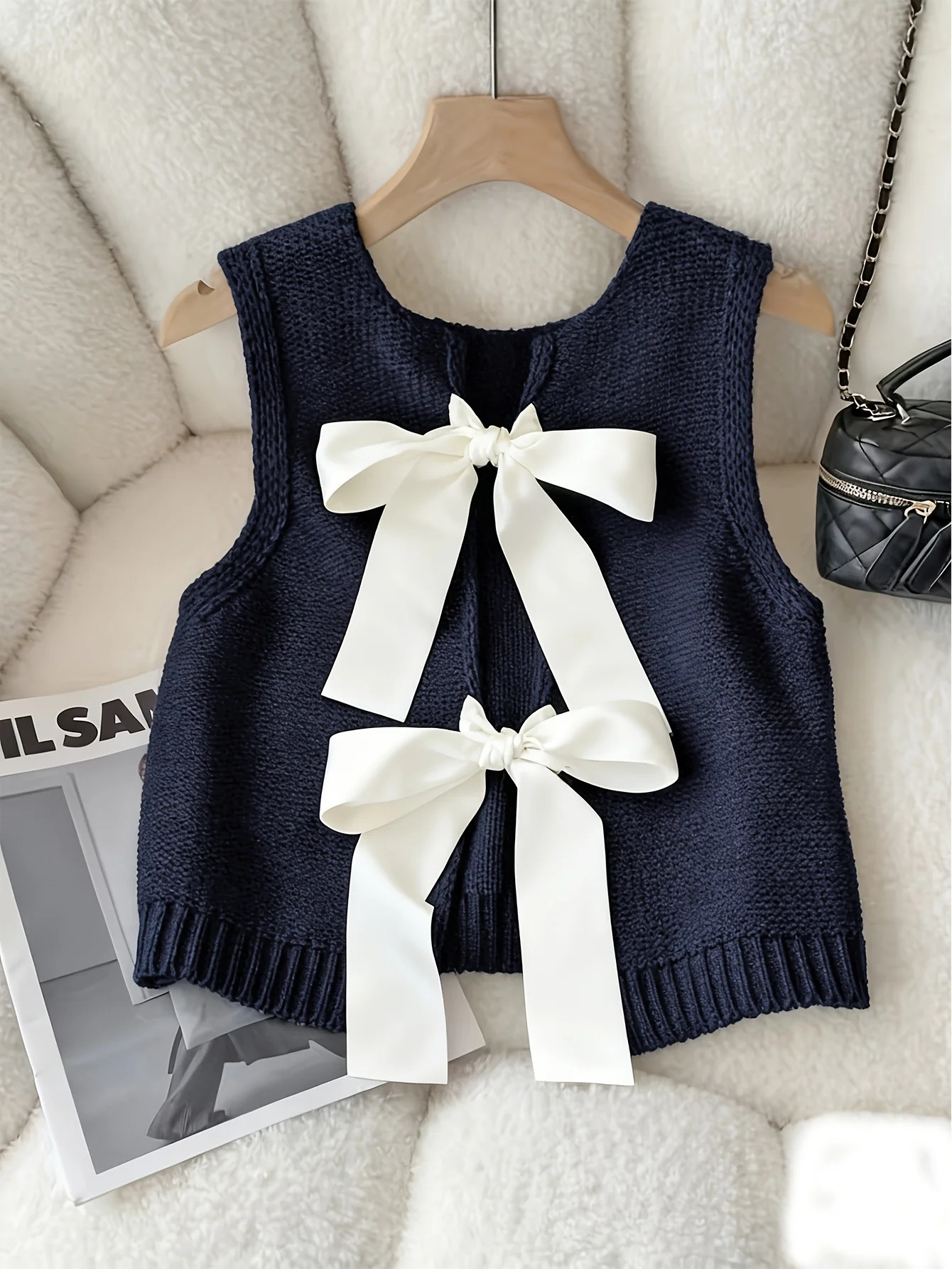 Cute Bow Decor Sleeveless Knit Top Women Sweet Solid Color Sweater Vest Casual Fashion Ladies Tee 260612BANJIA