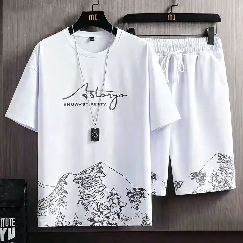 Mens Casual Sport Ice Silk Suit Printed Sweatshirt Sweatpants Outdoor Jogging Sports Training Fitness 2 Piece