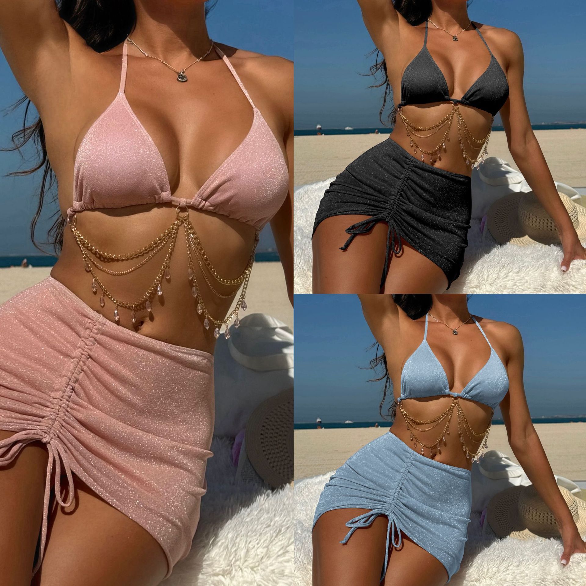Free shipping 2026 New Style Sexy Drawstring Strap Sparkling Rhinestone Chain Three-Piece Swimsuit Bikini