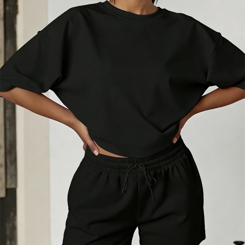 2 pieces - Womens casual loose plain-colored round-neck short-sleeved T-shirts and shorts set suitable for outdoor activities 260612