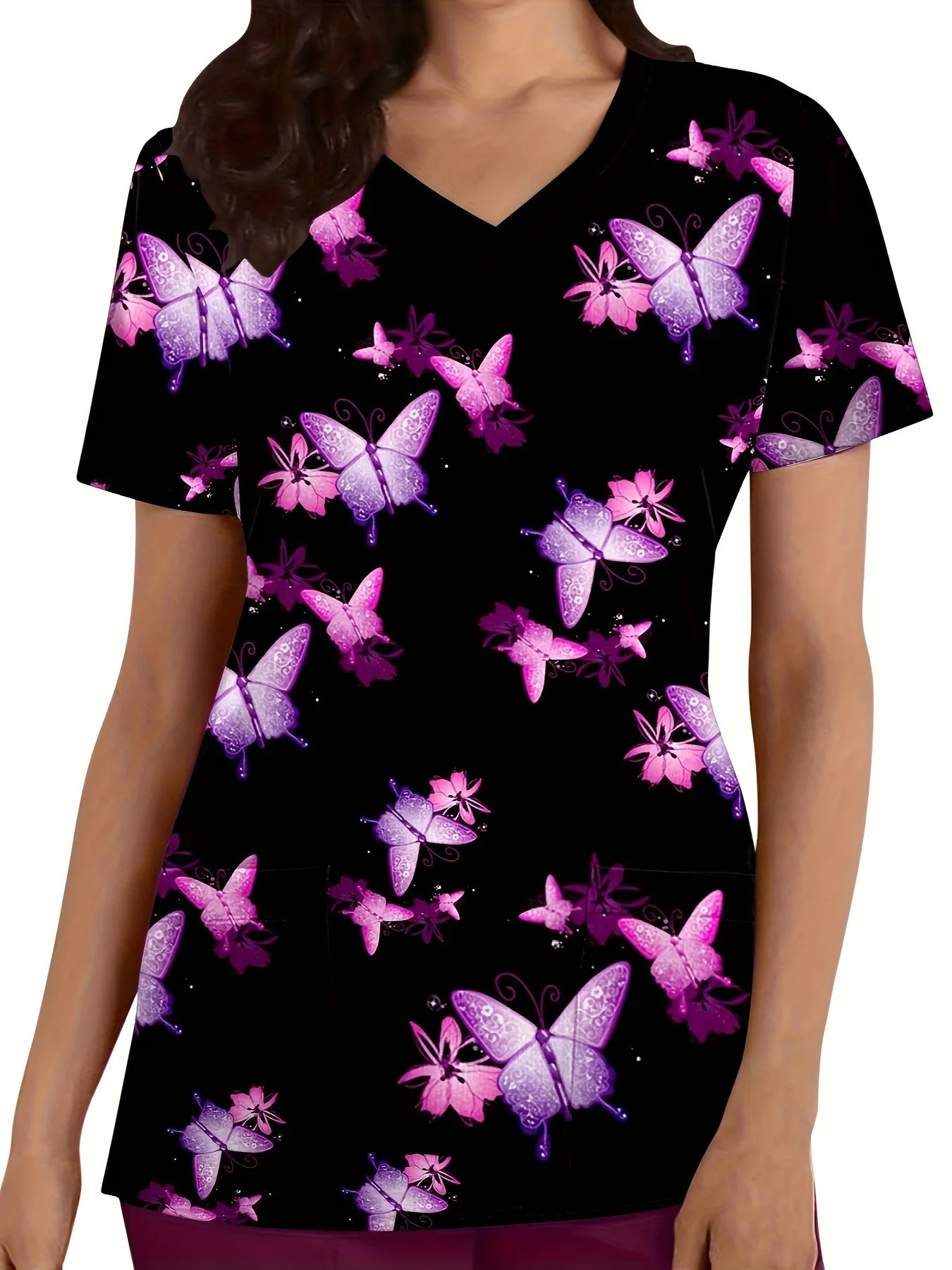 Fashion butterfly Nurse Uniform Short-Sleeve Shirt Commuting Work V-Neck Top Short Sleeves Women Clothing Pocket Womens T-Shirt 260613