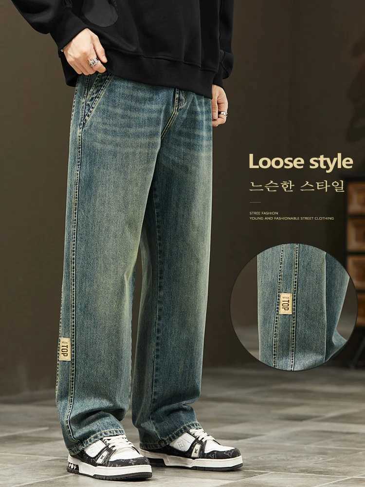 Korean Loose Wide Legs Jeans Mens Vintage Wash Denim Pants Fashion Streetwear Casual Baggy Straight Male Trousers T260410