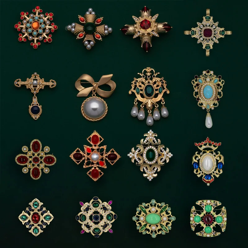 Baroque Vintage Gold Color Crystal Pearls Pin Brooches Gem Hollow Geometric Rectangle Brooch Collar for Women Jewelr C260804
