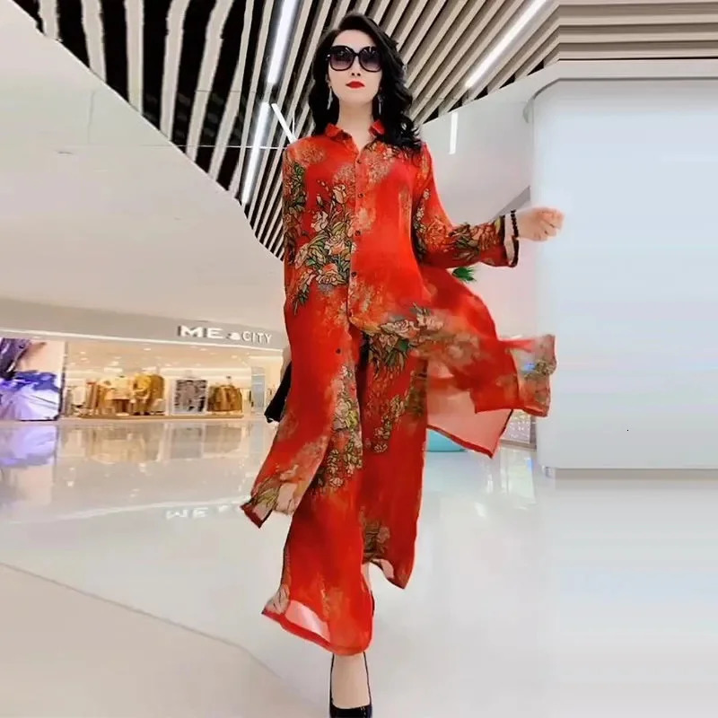 Summer Sets 5XL Silk Wide Leg Trouser Set Womens Spring Suit2025 Westernized Silk Fashion Slim Two Piece Set Female Elegant 260612BJ