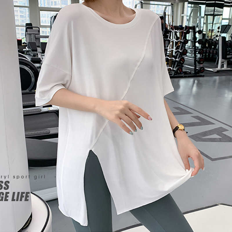 fitness Quick-dry top with side slits loose-fitting sports short-sleeve womens running cover-up thin yoga T-shirt for spring and summer L260612