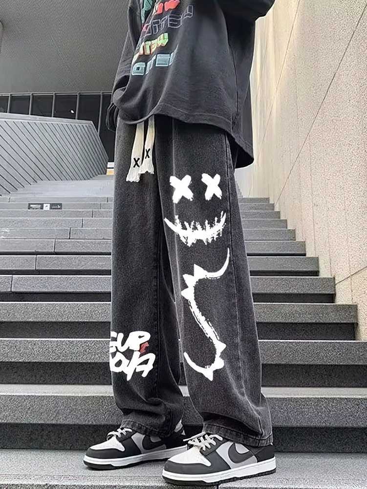 Pantaloni jeans larghi neri stampati da uomo dritti grafica oversize casual pantaloni lunghi in denim a gamba larga pantaloni sportivi coreani con c