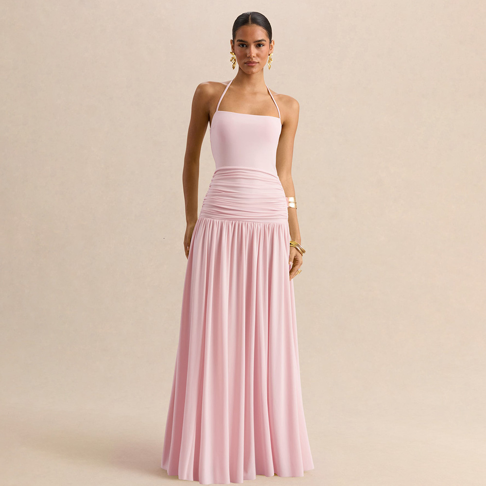 Summer womens elegant solid color strapless halter neck backless ruched slim-fit dress 240530