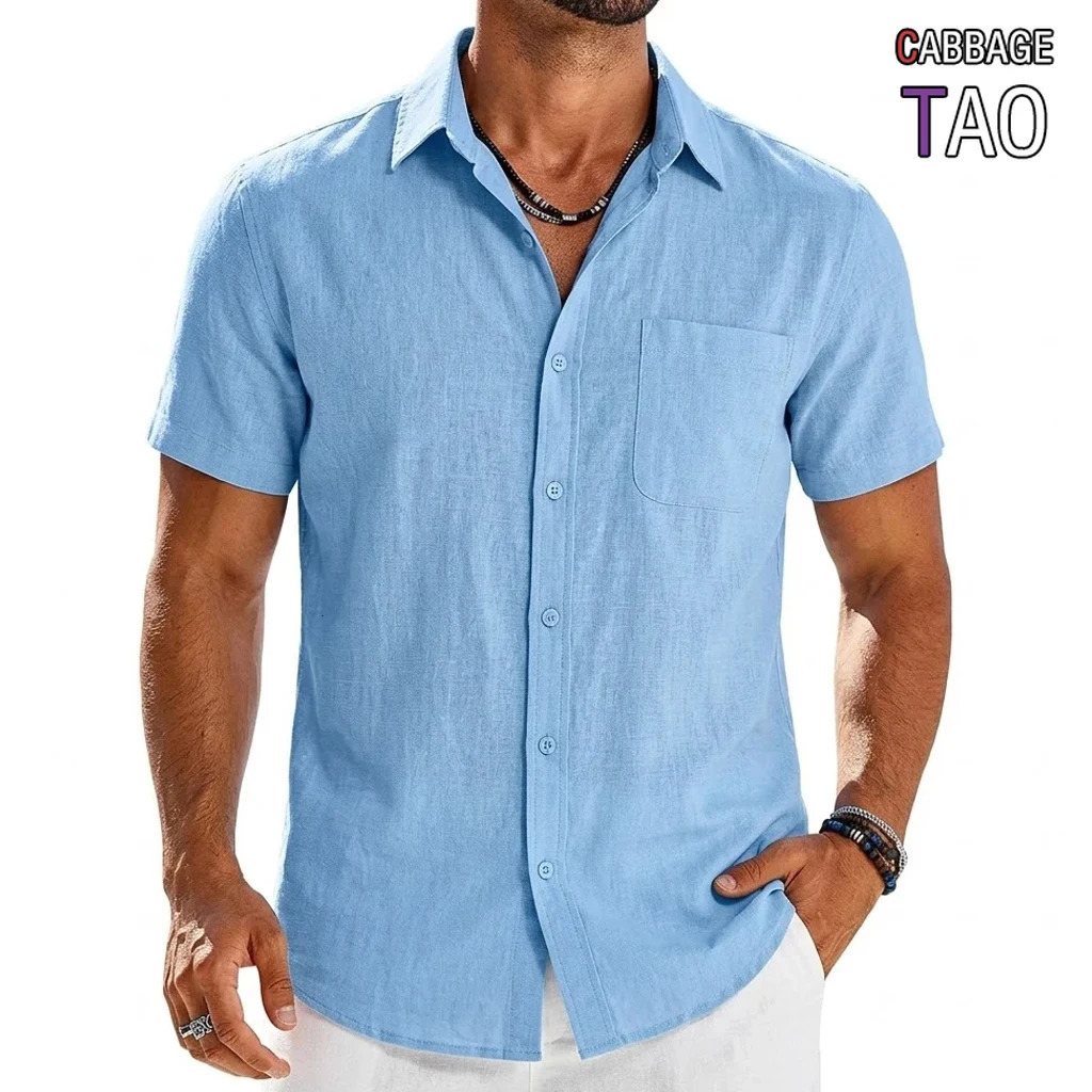 Mens Summer Premium Short Sleeve Tops Solid Color y Tees Breathable Elegant Hawaiian Cotton Linen Shirts for Stylish Men 260612