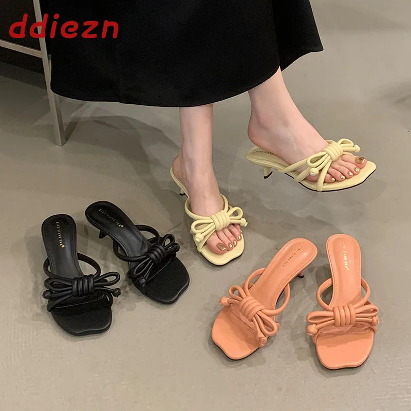Spring Summer Slides Slippers Heel Shoes For Women Sandals Pumps Fashion Butterfly-Knot Ladies Thin Heels Slippers Shoes 260613