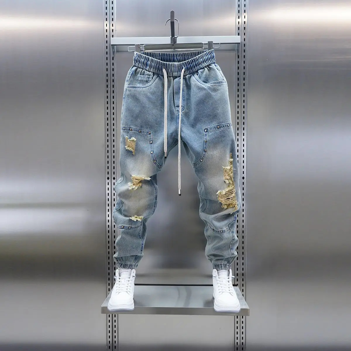 Mens distressed ripped drawstring and cuffed jeans with rivet embellishments highstreet slimfit trousers men clothing 260610
