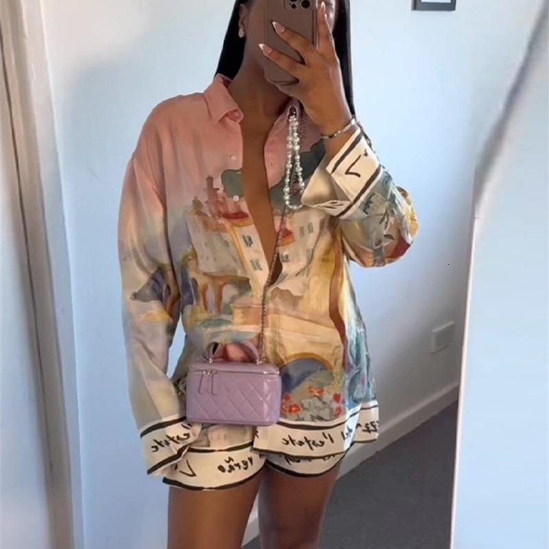 Fashion Printed 2 Piece Set Loose Lapel Button Long Sleeved Shirt Elastic Waist Shorts Suit Summer Autumn Beach Lady Set 260612