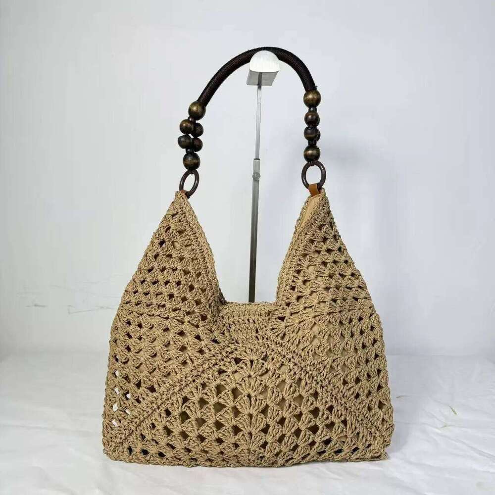 Bohemian Hollow Crochet Woven Tote with Wooden Bead Handle Large Capacity Handmade Straw Shoulder Bag for Women Casual Beach