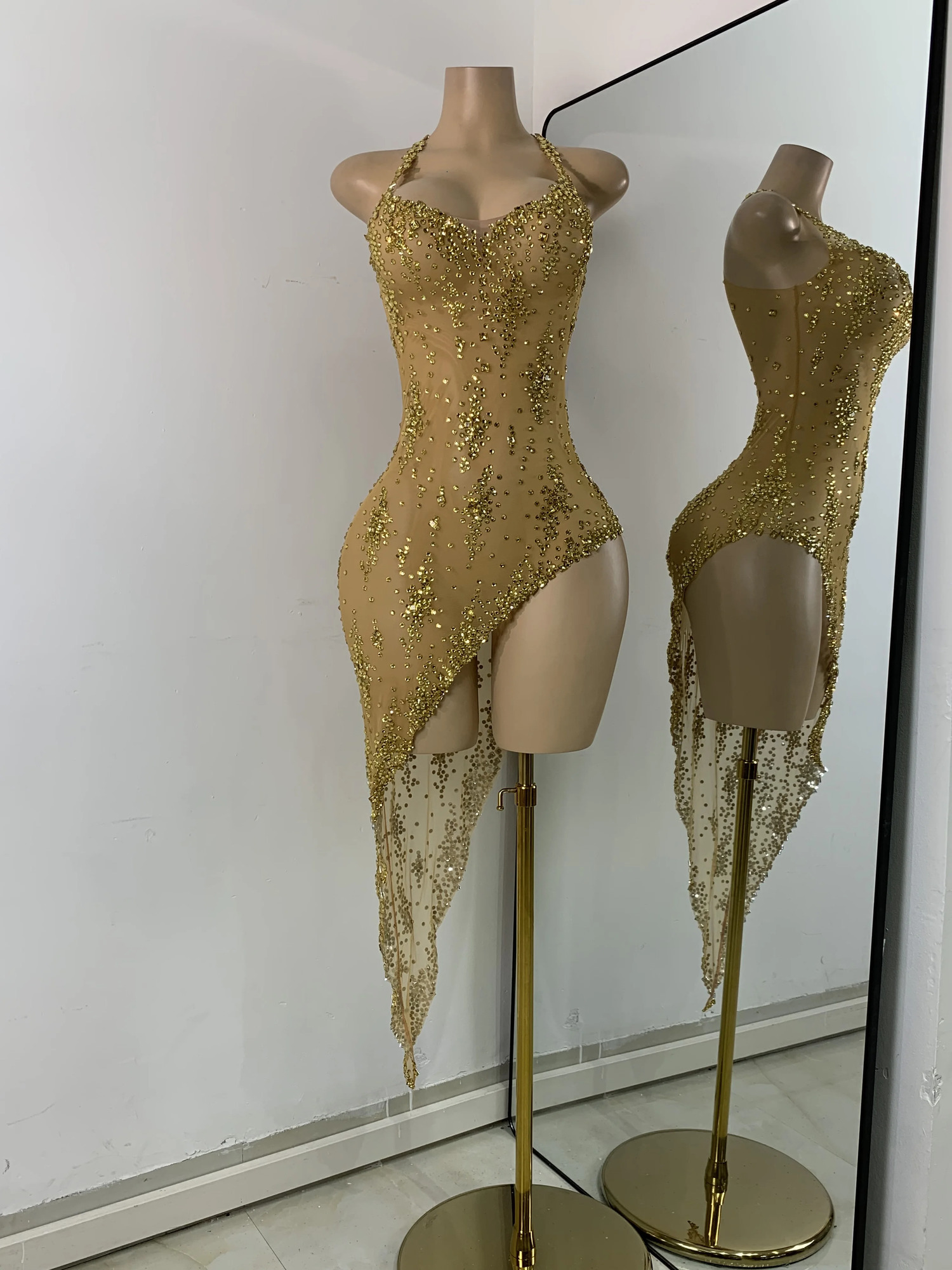Sparkly Gold Evening Party Dress Rhinestones See Through Sexy Womens Clothing Mesh Stretch Birthday Dresses 260612