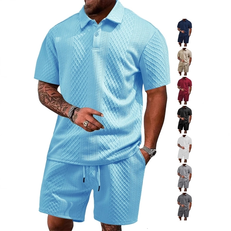 Summer Jacquard Short Sleeve Shorts Set Mens Casual Sports Turn-Down Collar Polo Shirt Solid Color 260604