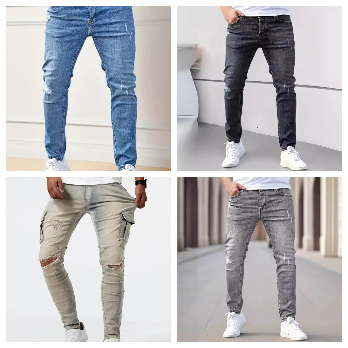 mens jeans elastic slim fit pants street wear classic ripped cat whiskers casual tight zipper denim clothing black bl 260613
