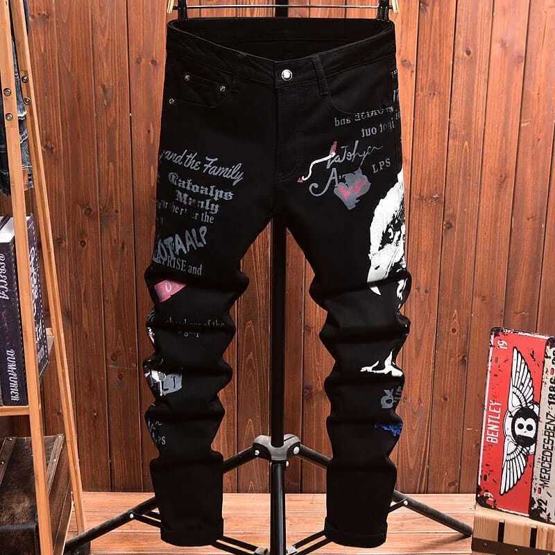 2025 Spring and Autumn New Fashion Trend Printed Black Straight Leg Jeans Mens Casual Comfort Breathable High Quality Pants T260410