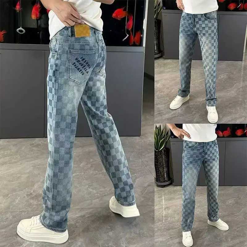 Spring Summer Checkered Jeans From Trendy Brand Versatile Mens Straight-leg high-end loose Casual Straight Stretch Pants T260410