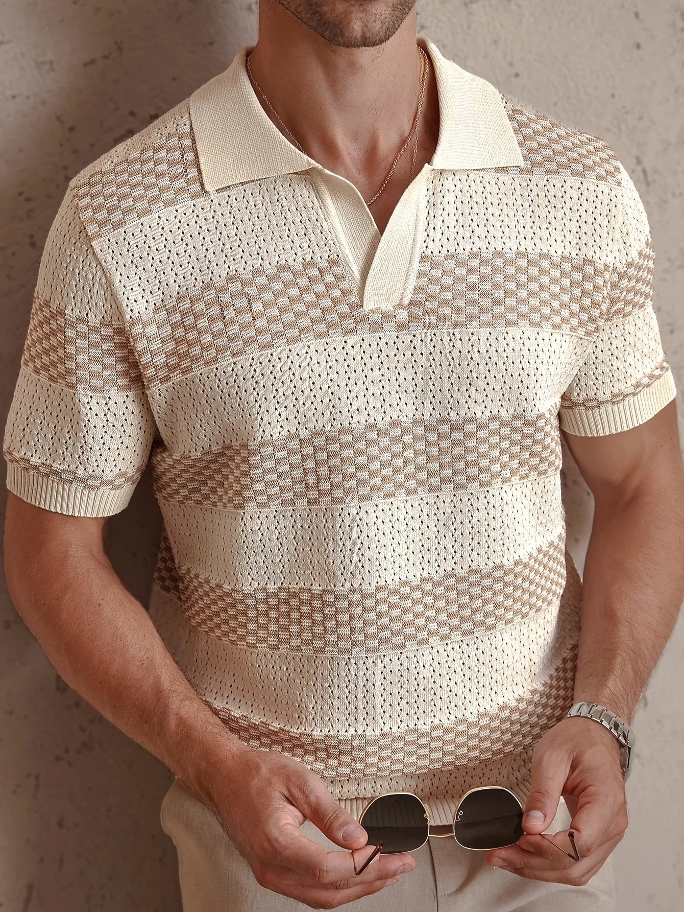 Daily Casual Mens Knitted Polo Shirts 2026 Summer Fashion Striped Contrast Color Knit Pullovers Men Stylish Turndown Collar Top 260613