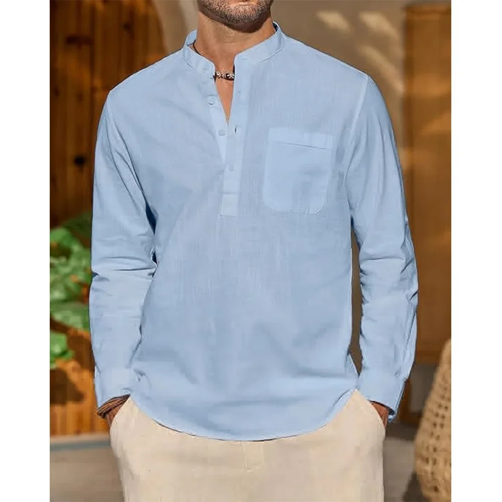 Cotton Linen Mens Long-sleeved Shirt Summer Solid Colour Henley Collar Casual Trendy Shirt Long Sleeve Men T-Shirt Daily Wear 260612