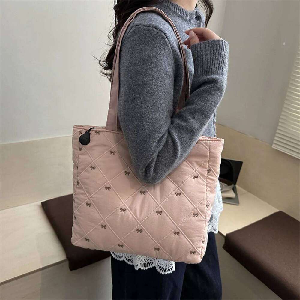 Bow Embroidery Minimalist Argyle Quilted Tote Solid Color Large Capacity Zipper Soft Shoulder Bag Daily Commute Shopping