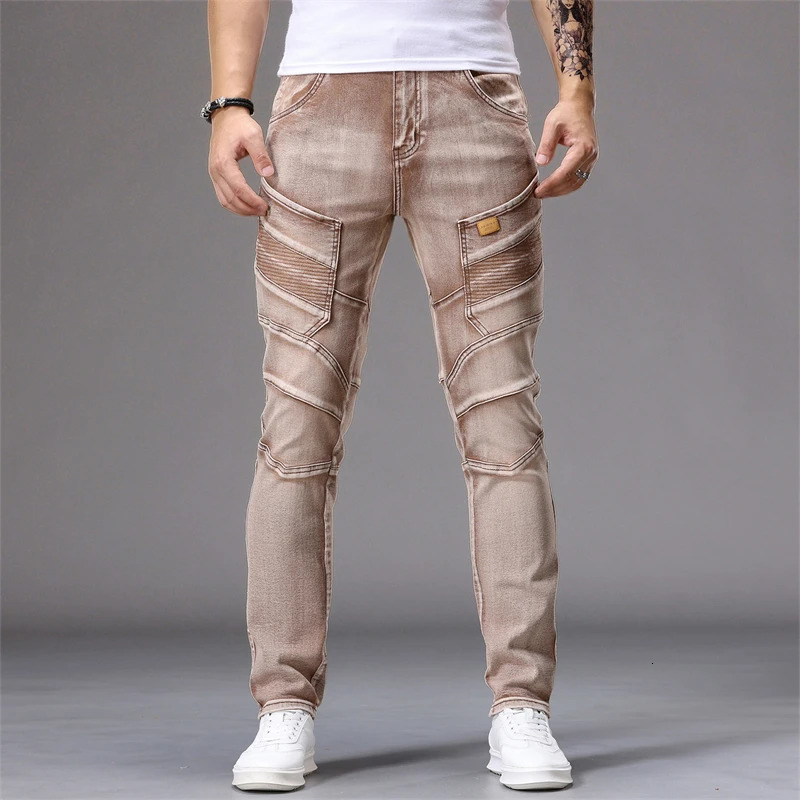 Mens Patchwork Skinny Ripped Jeans Fashion Trousers Elastic Slim Hole Biker Denim Pants Hiphop Rock American Streetwear 260608