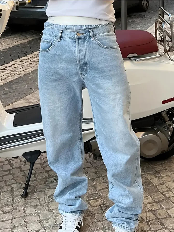 MenS Vintage Washed Blue Loose Fit Jeans Casual Straight Leg Denim Pants with Zipper Fly AllSeason Comfort Mid Waist Casu 260613
