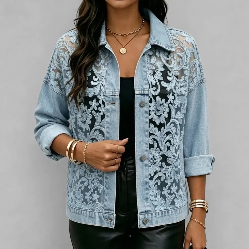 Womens See-Through Floral Lace Embroidered Patchwork Denim Long Sleeve Jacket Casual Streetwear Short Outerwear for Spring Fall 260609