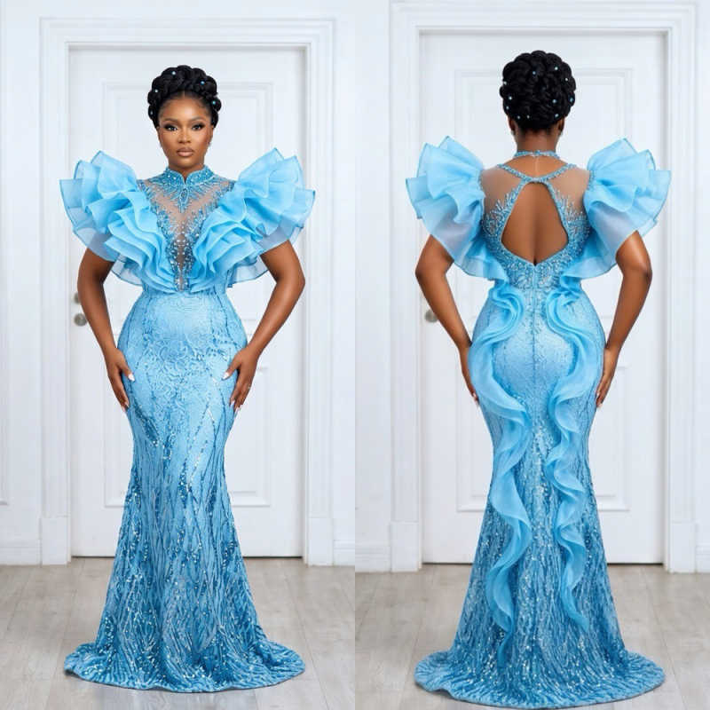 Sparkle Illusion Prom Dress Ruffles Beads Mermaid Formal Party Evening Gowns Gala Pageant Plus Size Customized