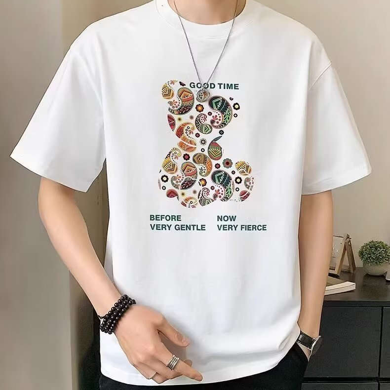 Men'S Bear Print Ice Silk T-Shirt Men'S Heavy Thin T-Shirt For Daily Wear 2023 New Summer Trendy Brand Loose Half Sleeve Tee