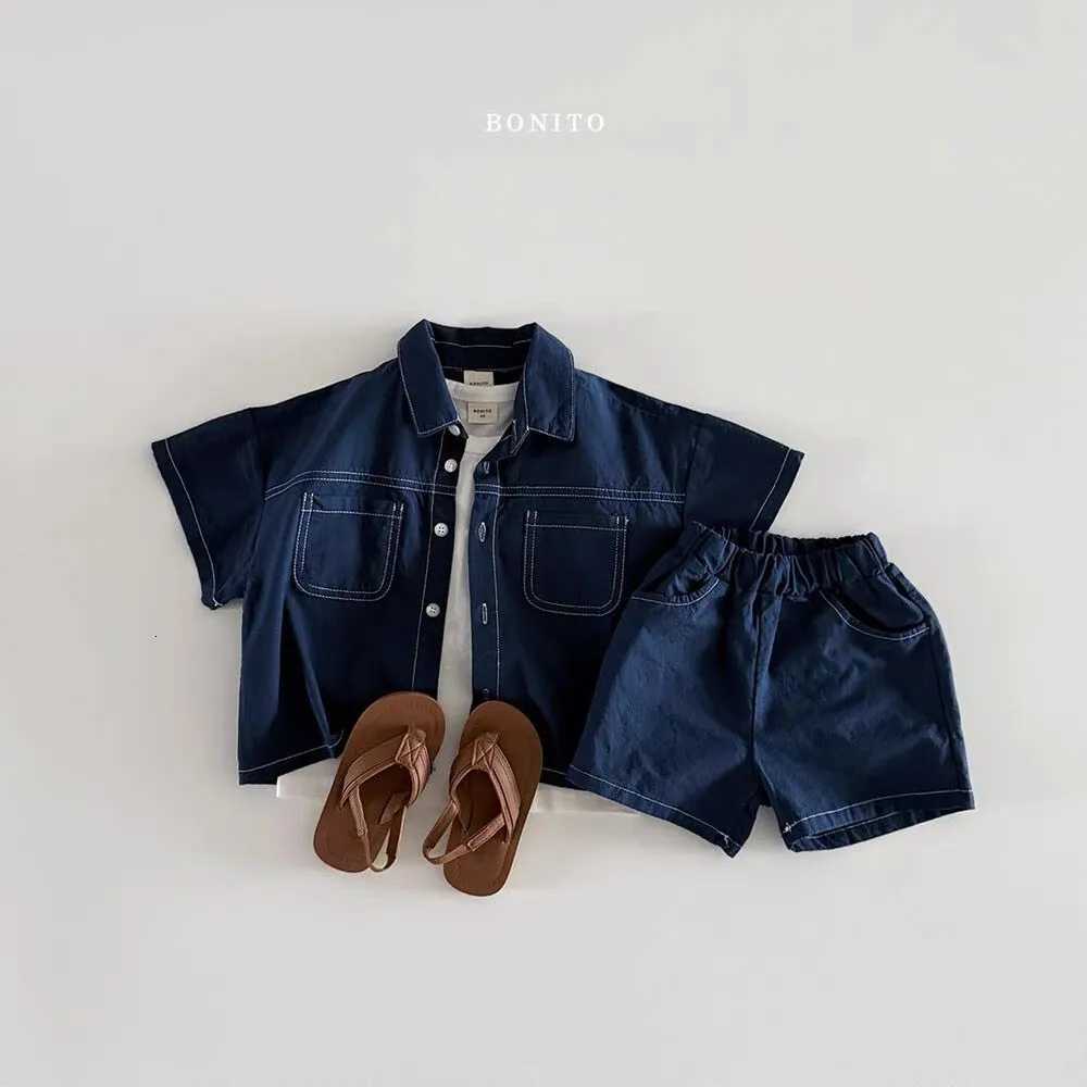 TZ2614 Unisex Childrens Korean Style Soft Denim Shirt Set with Stitching Trendy Kids Clothing Set for Boys And GirlsT260613