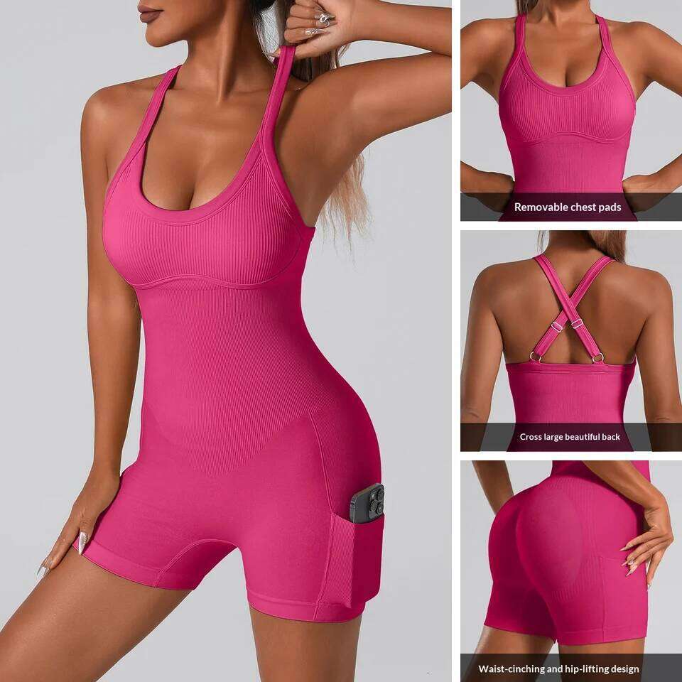 Sports Bra Built-in Criss Cross Back Yoga Bodysuit, Sexy Racerback One Piece Workout Unitard with Shorts & Padded for Women W260613