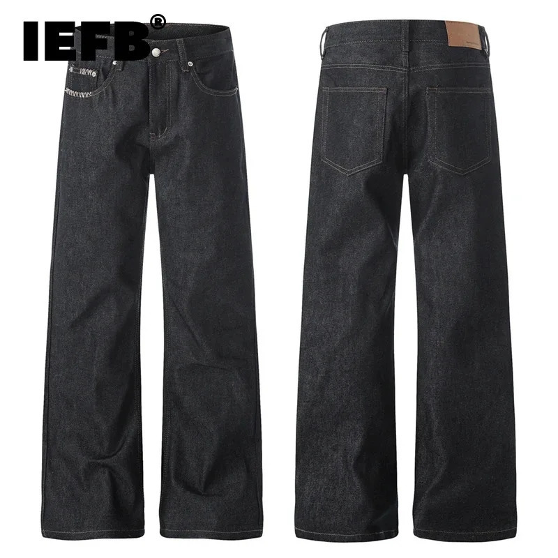 IEFB Premium Mens Wide Leg Jeans Casual Minimalist Black Denim Contrast Stitching Slim Relaxed Fit High End Basic Pants 9X2791 260610