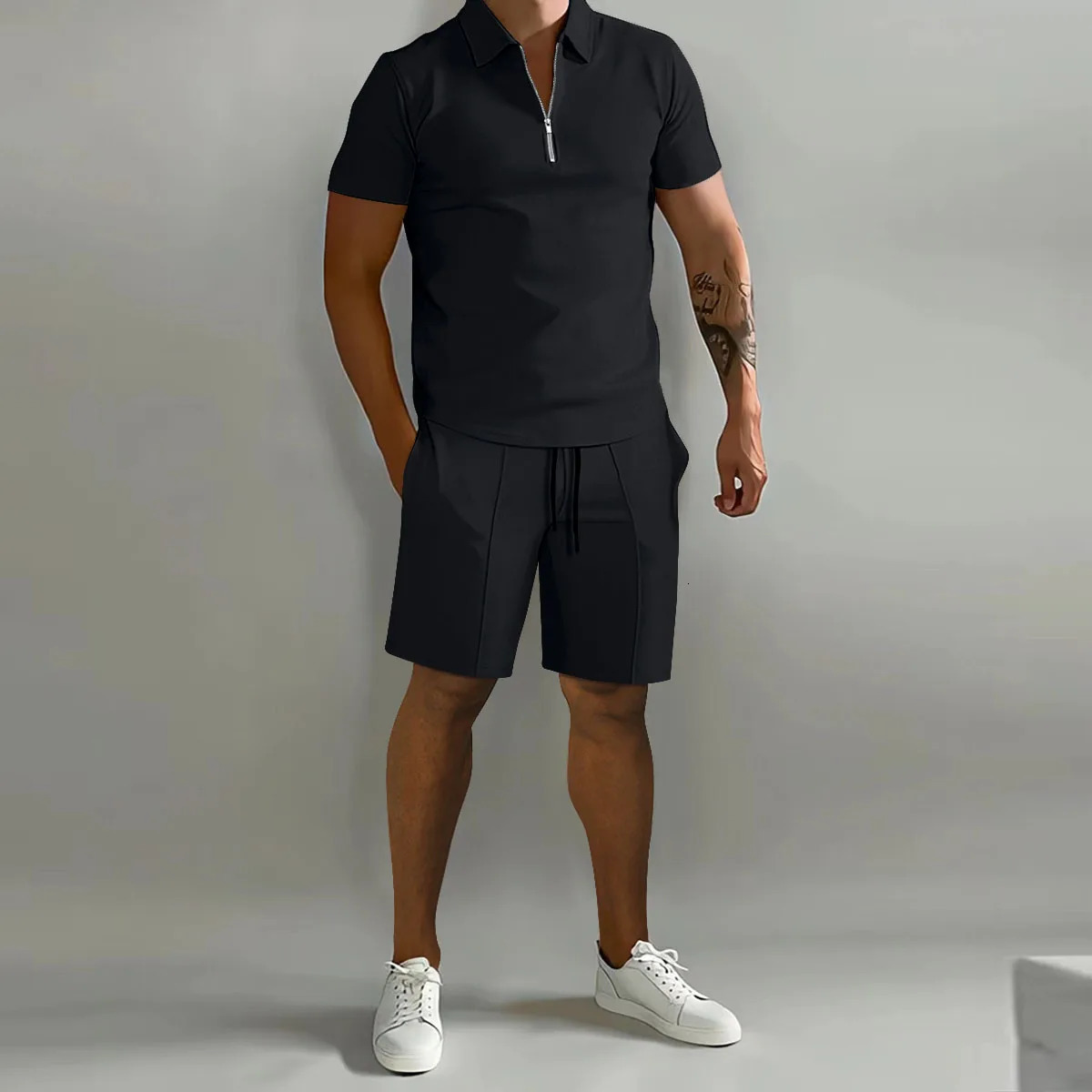 Mens Short Sleeve Sets Fashion Half Zip Polo Shirt Shorts 2 Piece Outfit Summer Street Clothing Casual Loose Solid Color Suit