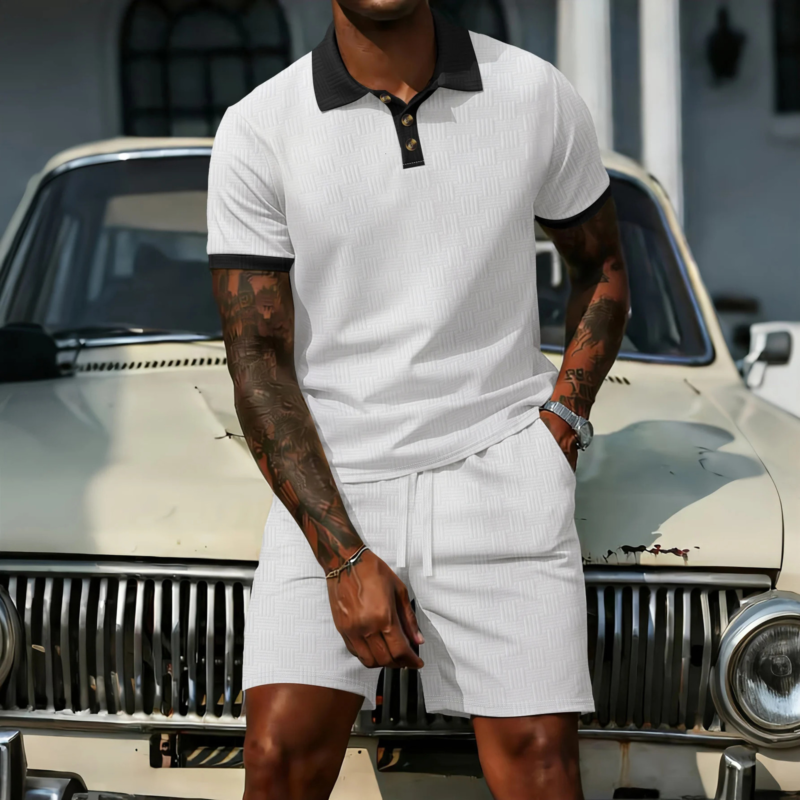 Mens Summer Contrast Trim Polo Shirt and Shorts Set Black Textured 2 Piece Outfit