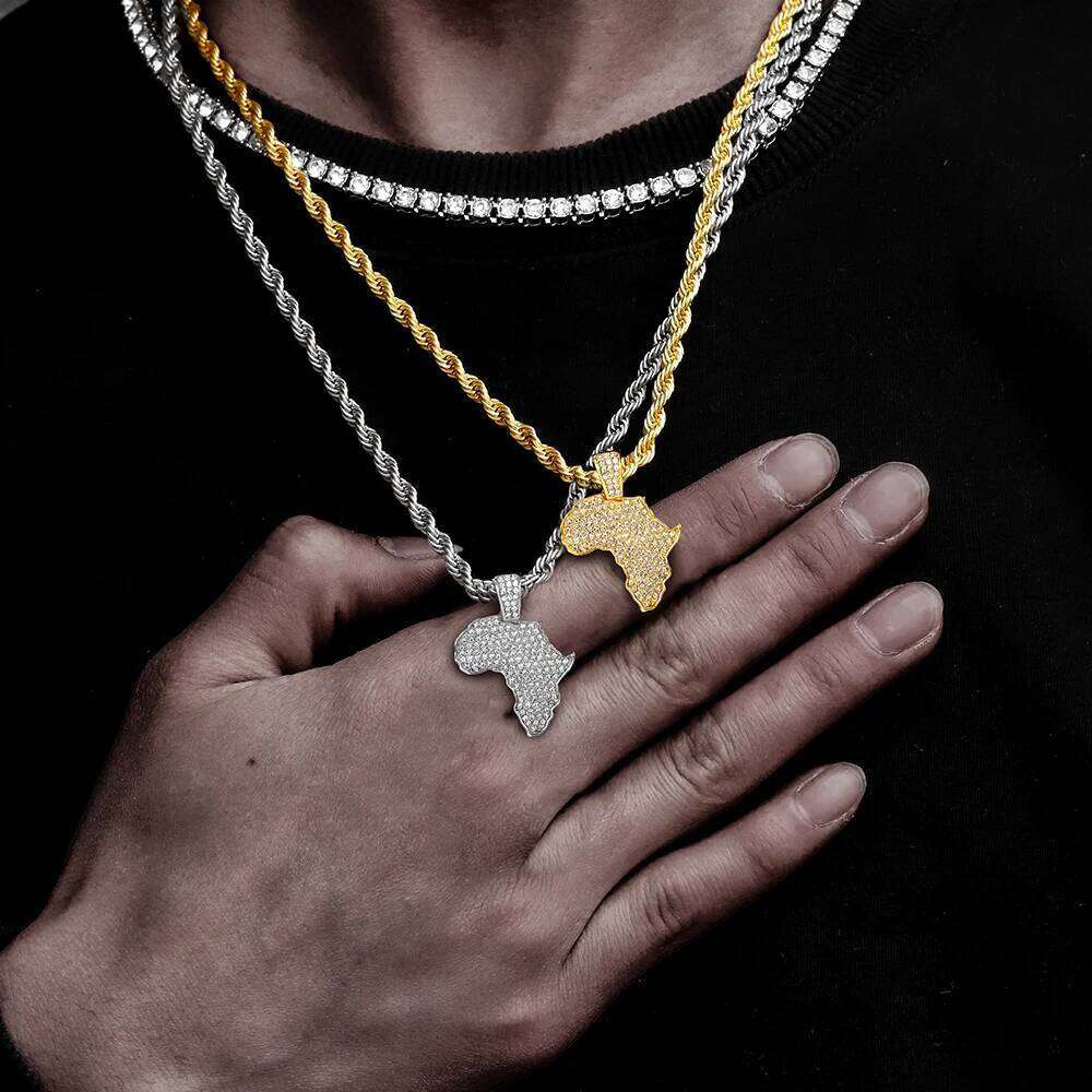 Hip-hop Men's Stylish Africa Map Pendant Necklace Iced Out Inlaid Diamonds Tennis/Rope Chain Punk Jewelry Gift Set W260613