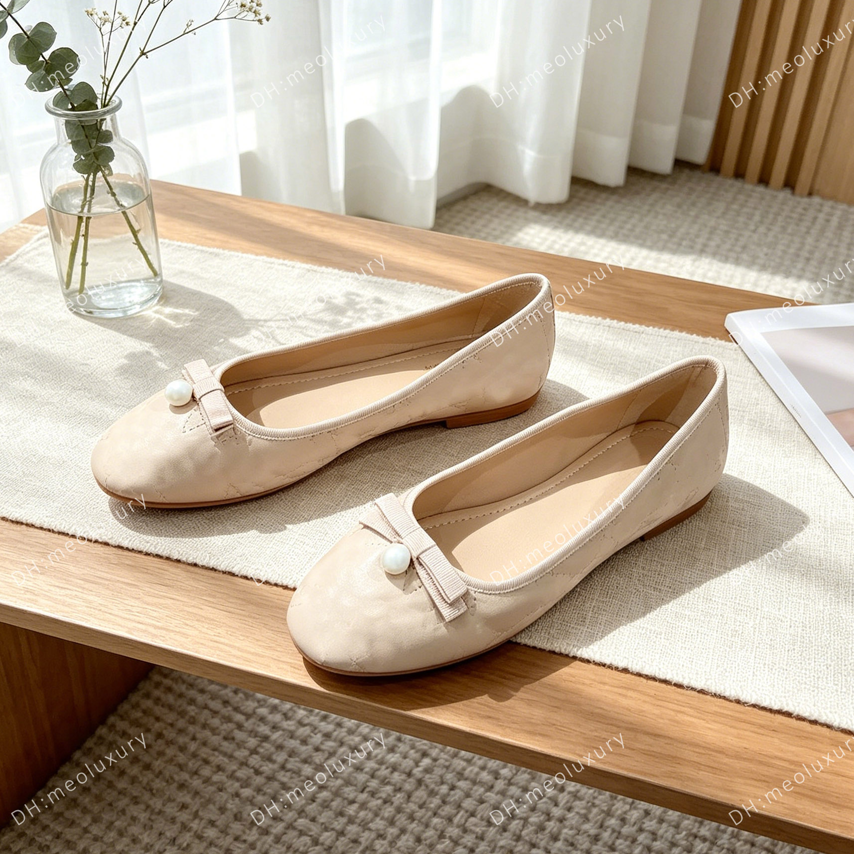 Designer Style Genuine Leather Ballet Flats Women Pearl Bow Round Toe Slip On Flat Shoes Real Leather Casual Dress Shoes EU35-42