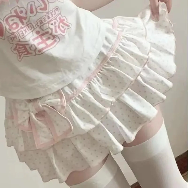 Deeptown Harajuku Y2k Lolita Mini Skirt Women Bow Japanese Style Kawaii Pleated Skirts Sweet Dot Ruffles Cake Layered Skirts 260612