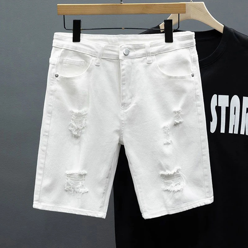 White Denim Shorts Mens Summer Fashion Ripped Soft Elastic Fit Straight Casual Korean Hole Short Jeans Hiphop Streetwear 260609BANJIA