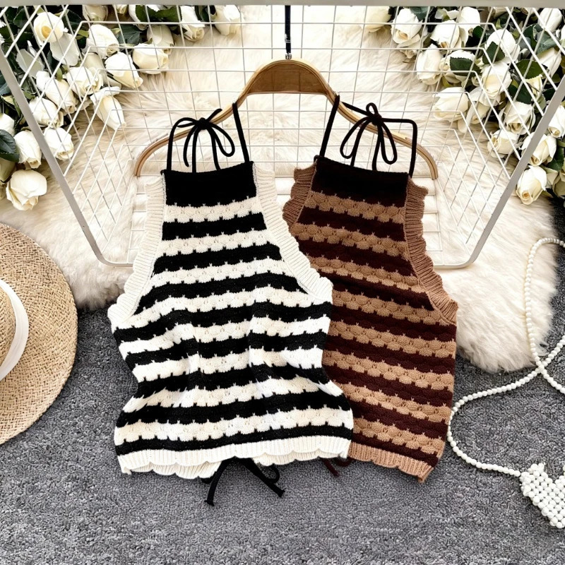 Black White Stripe Scalloped Knit Vest Womens Halter Neck Tie Back Stretchy Casual Sweet Y2K Sleeveless Sweater Tank Top 260612BANJIA
