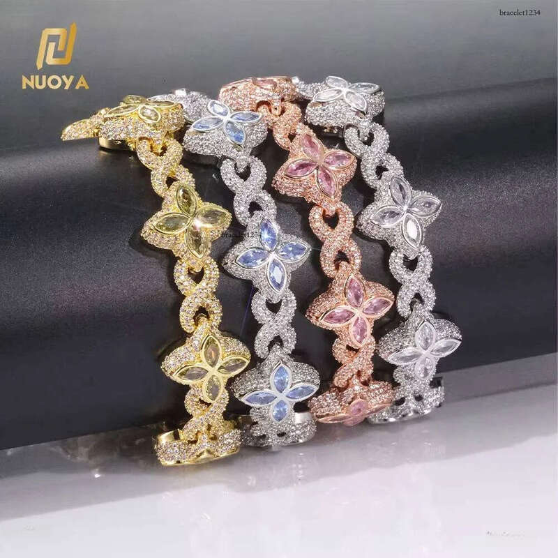 Iced Out Hip Hop Jewelry 8mm Dia Flower Chain Four Leaf Clover Bracelet Sier Moissanite Gift for Anniversary Party