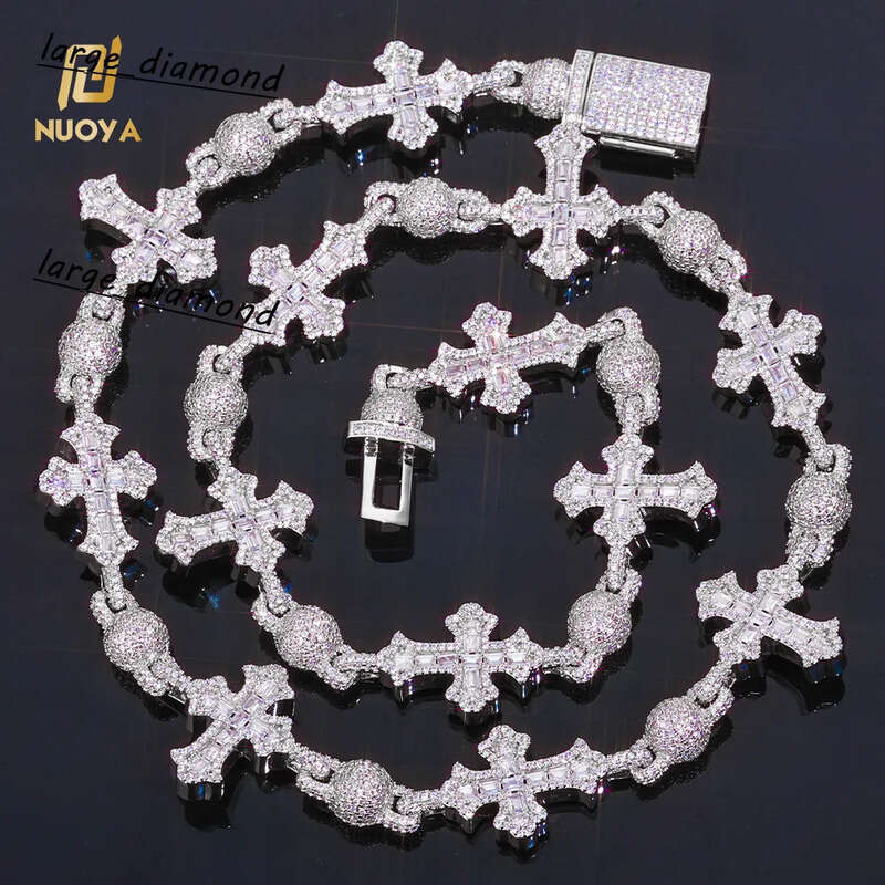 Fine Jewelry Necklace 18mm Iced Out Diamond Chain 925 Sterling Silver Flip Buckle Cross Round Bead Design Bling Moissanite Necklace
