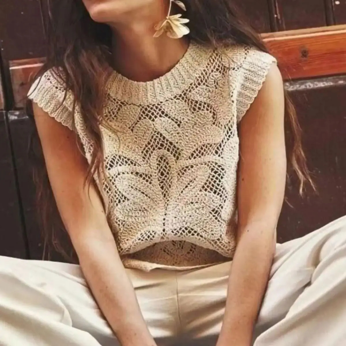 Boho Crochet Vest Top Women Sleeveless SemiSheer Open Knit Lace Blouse Sweater Bohemian Summer Festival Cottagecore 260612BANJIA