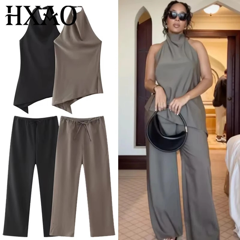 HXAO Satin Pant Sets Two Pieces Set Asymmetric Halter Top 2 Piece Woman Outfit Chic High Waist LaceUp Trousers 260609BANJIABANJIA