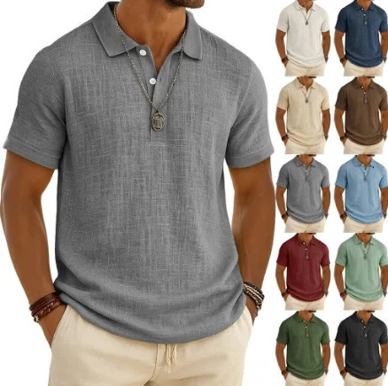 2026 Mens Casual Solid Color Summer Bamboo Cotton Linen Short Sleeve POLO Shirt British Style Straight Cut Button up 260612BANJIA