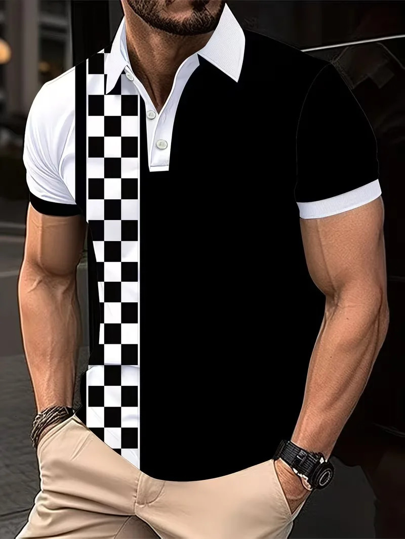 Fashion Mens Lapel Polo Shirt checkerboard Printed n Comfortable Loose daily Tee Round Neck Streetwear T for Man 260609BANJIA