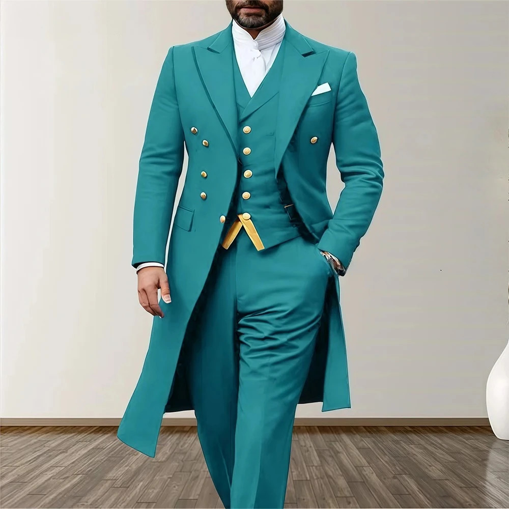 Blue Wedding Men Suits 3 Piece Long Blazer Vest Pants Satin One Button Tuxedo Formal Work Wear Prom XS5XL 260612BANJIA